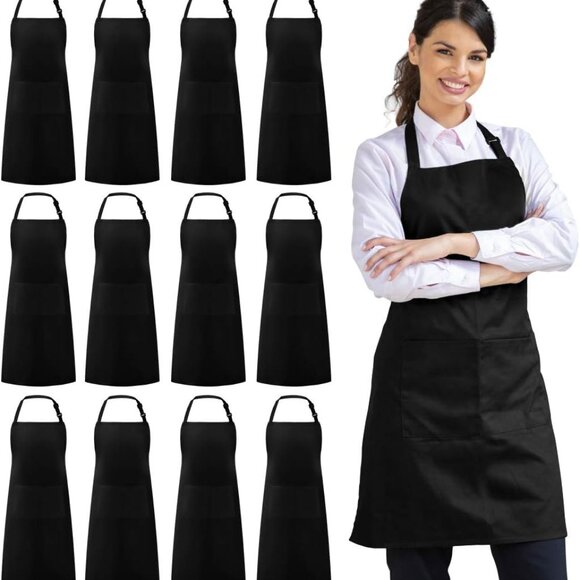 12 Pack Bib Apron, Unisex Aprons Adjustable 100% Cotton with 2 Pockets Cooking K - Picture 1 of 7